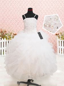 Floor Length White Little Girl Pageant Dress Strapless Sleeveless Zipper