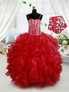 Red Sleeveless Beading and Ruffles Floor Length Kids Formal Wear