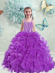 Straps Sleeveless Lace Up Child Pageant Dress Eggplant Purple Organza