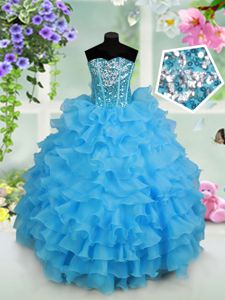 Excellent Baby Blue Sleeveless Beading and Ruffled Layers and Sequins Floor Length Little Girls Pageant Dress