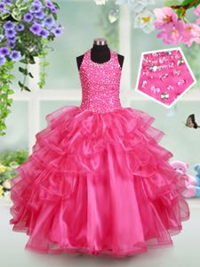 Beauteous Halter Top Hot Pink Ball Gowns Beading and Ruffled Layers Kids Pageant Dress Lace Up Organza Sleeveless Floor Length