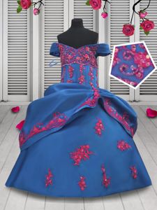 Custom Design Blue Ball Gowns Taffeta Off The Shoulder Sleeveless Beading and Appliques and Pick Ups Floor Length Lace Up Child Pageant Dress