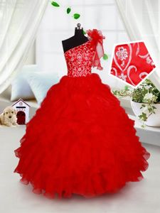 One Shoulder Red Sleeveless Floor Length Beading and Ruffles and Hand Made Flower Lace Up Little Girls Pageant Dress Wholesale