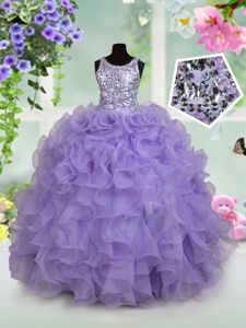 New Style Scoop Floor Length Lavender Child Pageant Dress Organza Sleeveless Beading and Ruffles