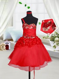 One Shoulder Organza Sleeveless Mini Length Little Girl Pageant Gowns and Sequins and Hand Made Flower