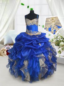 Organza Spaghetti Straps Sleeveless Lace Up Beading and Ruffles and Pick Ups Kids Formal Wear in Blue and Champagne