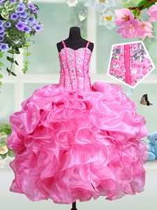 Straps Straps Floor Length Lace Up Little Girls Pageant Gowns Rose Pink and In for Quinceanera and Wedding Party with Beading and Ruffles and Pick Ups