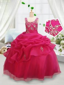 Square Hot Pink Organza Zipper Kids Formal Wear Sleeveless Floor Length Beading and Pick Ups