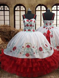 Sweet Ruffled White and Red Sleeveless Organza Lace Up Little Girl Pageant Gowns for Quinceanera and Wedding Party