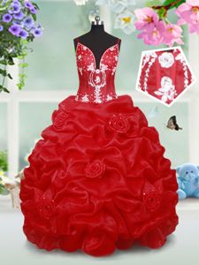 Hot Sale Red Kids Formal Wear Quinceanera and Wedding Party and For with Beading and Pick Ups and Hand Made Flower Spaghetti Straps Sleeveless Lace Up