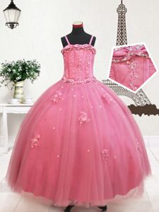 Hot Pink Straps Zipper Beading and Appliques Child Pageant Dress Sleeveless