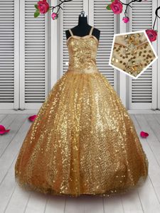 Gold Straps Neckline Beading and Sequins Little Girl Pageant Dress Sleeveless Lace Up