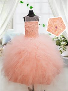 New Style Scoop Sleeveless Zipper Little Girls Pageant Dress Wholesale Peach Tulle