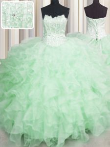 Edgy Visible Boning Apple Green Scalloped Neckline Beading and Ruffles Sweet 16 Quinceanera Dress Sleeveless Lace Up