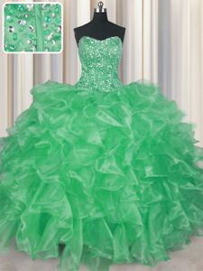 Free and Easy Visible Boning Apple Green Strapless Neckline Beading and Ruffles Quinceanera Gown Sleeveless Lace Up