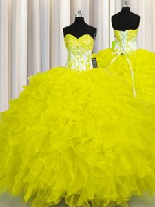 Yellow Ball Gowns Appliques and Ruffles Quince Ball Gowns Lace Up Organza Sleeveless Floor Length