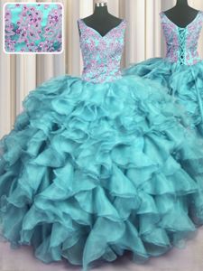 Ruffled V Neck Floor Length Ball Gowns Sleeveless Aqua Blue Quinceanera Gown Lace Up