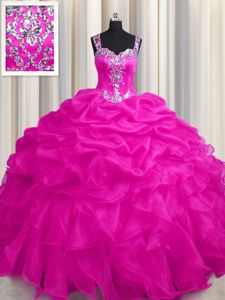 Eye-catching See Through Zipper Up Floor Length Zipper 15th Birthday Dress Hot Pink and In for Military Ball and Sweet 16 and Quinceanera with Appliques and Ruffles and Ruffled Layers