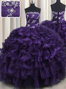 Purple Ball Gowns Strapless Sleeveless Organza Floor Length Lace Up Appliques and Ruffles and Ruffled Layers Quinceanera Dress