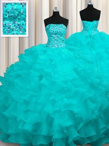 Aqua Blue Ball Gowns Strapless Sleeveless Organza With Train Sweep Train Lace Up Beading and Ruffles Quinceanera Gowns