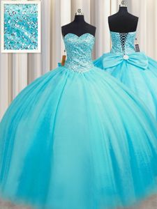 Puffy Skirt Baby Blue Lace Up Sweetheart Beading Quince Ball Gowns Tulle Sleeveless