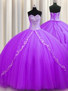 Elegant Purple 15 Quinceanera Dress Tulle Sweep Train Sleeveless Beading