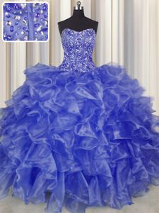 Visible Boning Blue Ball Gowns Organza Strapless Sleeveless Beading and Ruffles Floor Length Lace Up Sweet 16 Quinceanera Dress