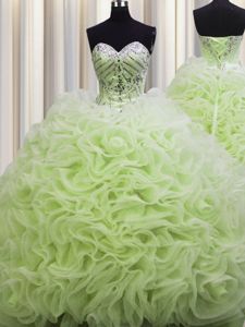 Flare Rolling Flowers Brush Train Sleeveless Floor Length Beading and Pick Ups Lace Up Sweet 16 Dress with Yellow Green