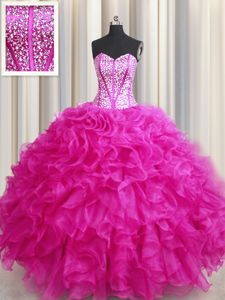 Inexpensive Visible Boning Bling-bling Floor Length Ball Gowns Sleeveless Hot Pink Quinceanera Dama Dress Lace Up