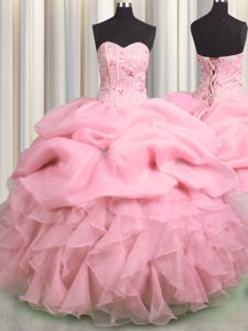 Sumptuous Pick Ups Visible Boning Rose Pink Sleeveless Organza Lace Up Sweet 16 Quinceanera Dress for Military Ball and Sweet 16 and Quinceanera