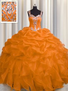 Gorgeous See Through Zipper Up Floor Length Zipper Quinceanera Dress Orange and In for Military Ball and Sweet 16 and Quinceanera with Appliques and Ruffles