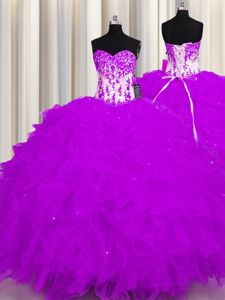 Purple Ball Gowns Appliques and Ruffles Ball Gown Prom Dress Lace Up Organza Sleeveless Floor Length