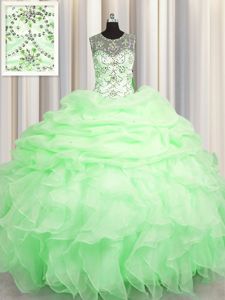 Scoop See Through Sleeveless Floor Length Beading and Ruffles and Pick Ups Lace Up 15th Birthday Dress with