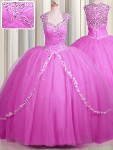 See Through Hot Pink Quince Ball Gowns Military Ball and Sweet 16 and Quinceanera and For with Beading and Appliques Sweetheart Cap Sleeves Brush Train Zipper