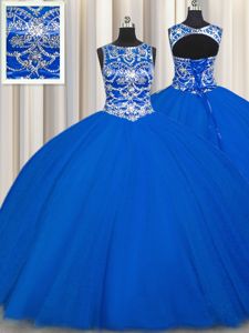 Popular Scoop Sleeveless Sweet 16 Quinceanera Dress Floor Length Beading Royal Blue Tulle