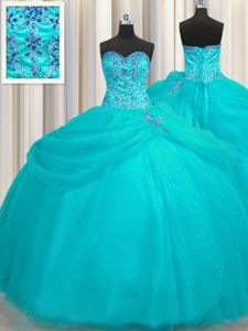 Dynamic Puffy Skirt Sweetheart Sleeveless Sweet 16 Quinceanera Dress Floor Length Beading Aqua Blue Organza