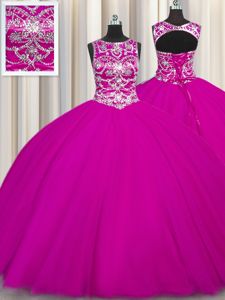 Scoop Fuchsia Sleeveless Tulle Lace Up Quince Ball Gowns for Military Ball and Sweet 16 and Quinceanera