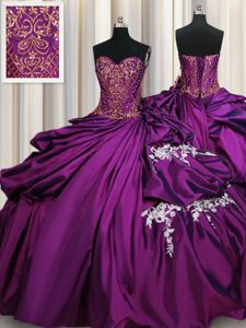 Fantastic Purple Taffeta Lace Up Sweetheart Sleeveless Floor Length Sweet 16 Dresses Beading and Appliques