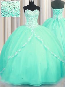 Sweetheart Sleeveless Brush Train Lace Up Quinceanera Gowns Turquoise Organza