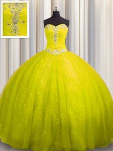 Custom Designed Sequined Sleeveless Court Train Beading and Appliques Lace Up Ball Gown Prom Dress