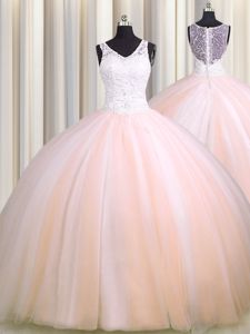 Delicate See Through Back Zipple Up V-neck Sleeveless Brush Train Zipper Vestidos de Quinceanera Baby Pink and Peach Tulle