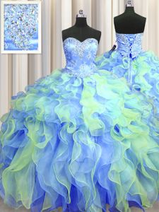 Custom Design Sweetheart Sleeveless Quince Ball Gowns Floor Length Beading and Appliques and Ruffles Multi-color Organza