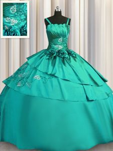 Satin Spaghetti Straps Sleeveless Lace Up Beading and Embroidery 15 Quinceanera Dress in Turquoise