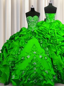 Custom Fit Sequins Sweetheart Sleeveless Taffeta Quinceanera Gown Beading and Embroidery and Ruffles and Pick Ups Lace Up