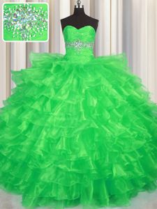 Ruffled Layers Green Sleeveless Organza Lace Up Quinceanera Gowns for Military Ball and Sweet 16 and Quinceanera