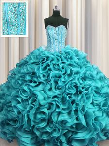 Exceptional Visible Boning Aqua Blue Organza Lace Up Sweetheart Sleeveless Floor Length Sweet 16 Dress Beading and Ruffles