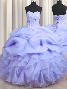 Fashionable Visible Boning Sweetheart Sleeveless Organza Quinceanera Court Dresses Beading and Ruffles Lace Up