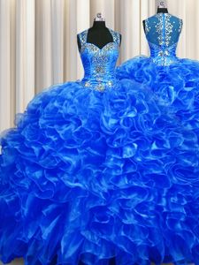 Glorious Zipper Up See Through Back Sleeveless Organza With Train Sweep Train Zipper Quinceanera Dresses in Royal Blue for with Beading and Ruffles