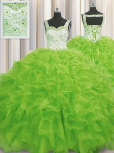 Comfortable Yellow Green Sleeveless Beading and Ruffles Floor Length Sweet 16 Dresses