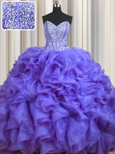 New Style Bling-bling Sweetheart Sleeveless Organza Quinceanera Gown Beading and Ruffles Brush Train Lace Up